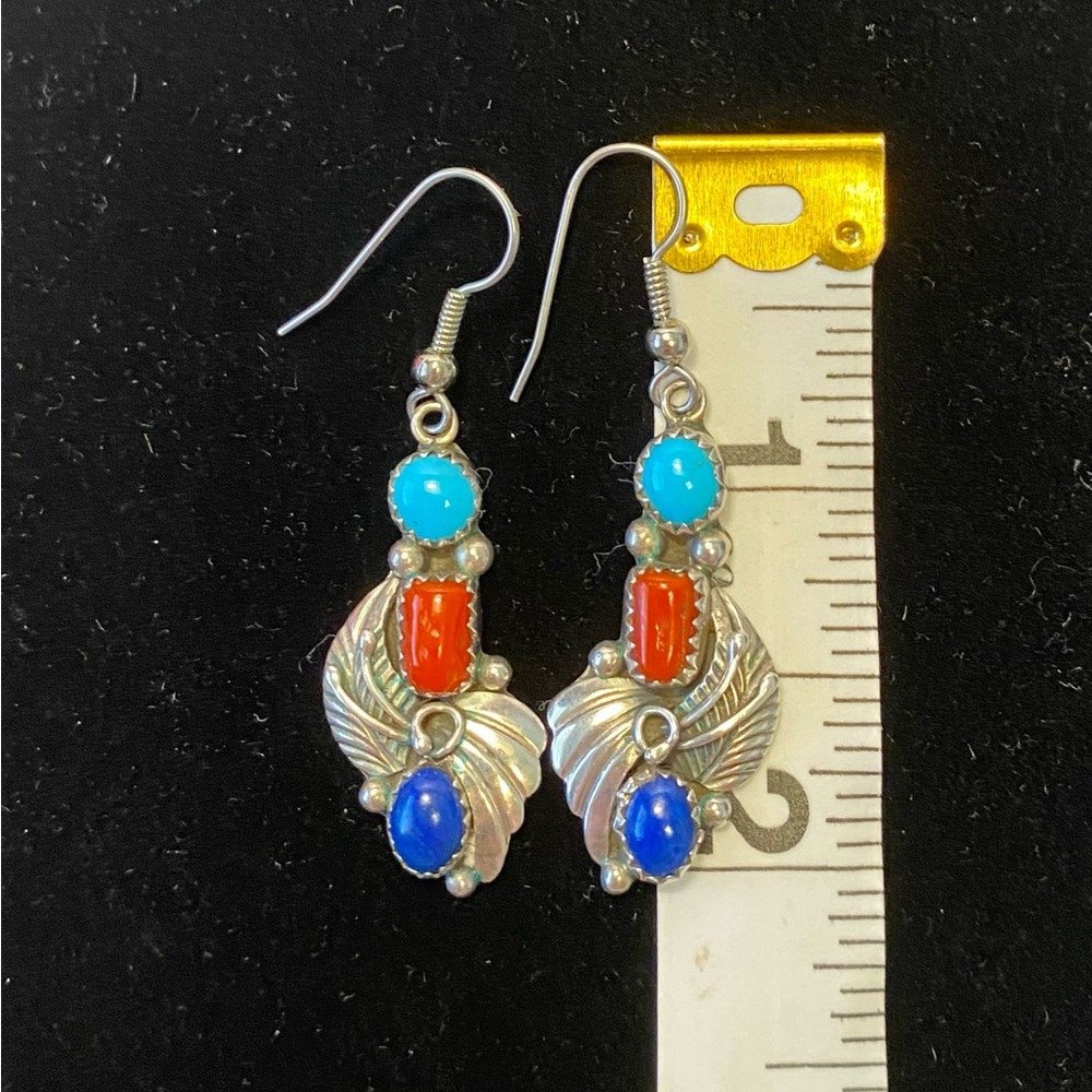 Sylvia Chee Sterling, Turquoise, Red Coral and Lapis Lazuli Navajo Earrings - Picture 6 of 8